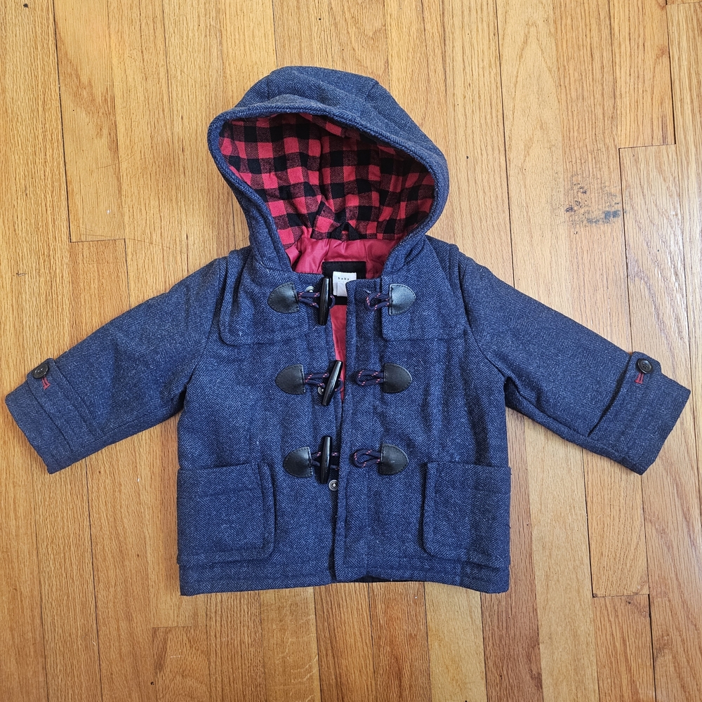 Baby 12-18mo Boy Kids Navy Blue Toggle Coat with Red Lining Winter Toddler